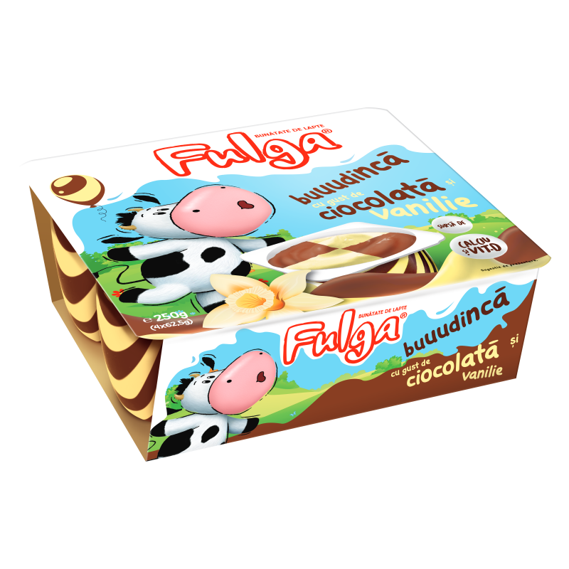 Fulga chocolate and vanilla flavored milk pudding dessert with calcium and vitamin D