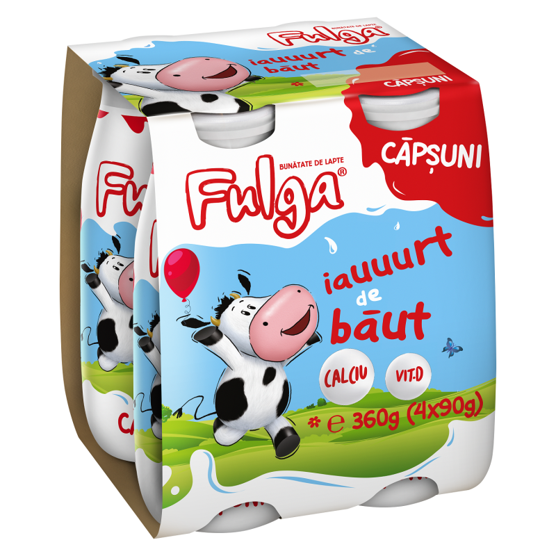 Fulga iaurt de băut cu aromă de căpșuni, îmbogățit cu calciu și vitamina D